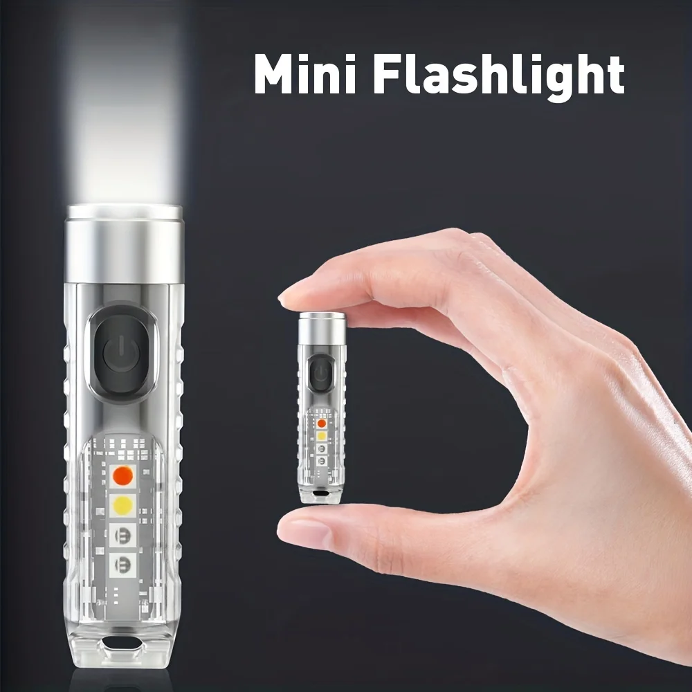 Mini keychain light, portable LED flashlight, USB charging for fishing and camping, waterproof, red and blue warning lights