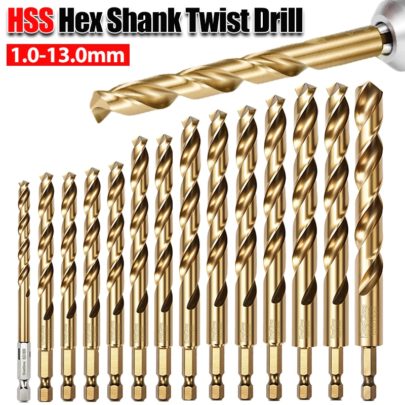 5/8/10/13/27Pcs Titanium Coated HSS Twist Drill Bit Set 1-13mm Hex Shank Straight Spiral Bits for Metal Wood Plastic Drilling