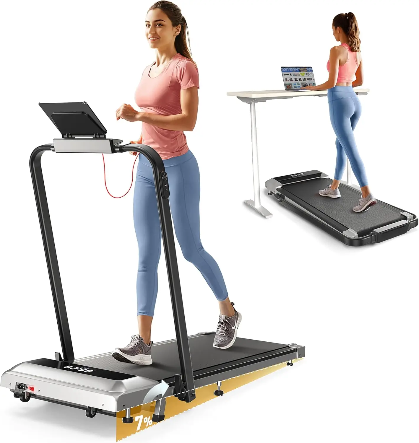 Desk Treadmill with Incline and Handle Bar, 2 in 1 Folding Treadmill for Home/Office Small, Portable Compact T