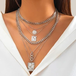 KunJoe Punk Metal Wrinkled Square Pendant Necklace Set for Women Hip Hop Silver Color Cuban NK Chain Choker Necklace