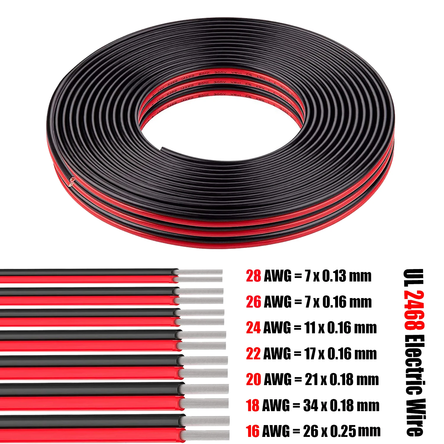 10m-1m 2 Pin Electrical Wires UL2468 28/26/24/22/20/18/16 AWG Red Black Cable Speaker Wire For LED Car Audio 12V JST Connector