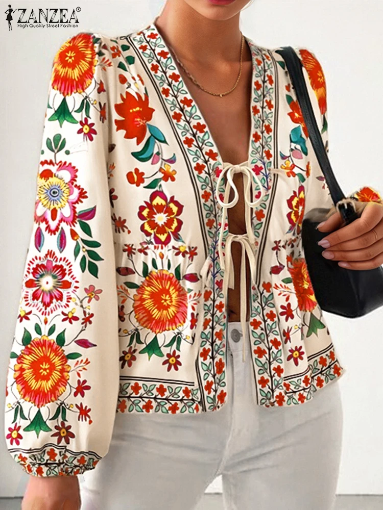 Damska bluzka z nadrukiem w stylu boho ZANZEA 2025 letni sweter topy moda z długim rękawem koszula wakacyjna damska plaża Blusas tunika