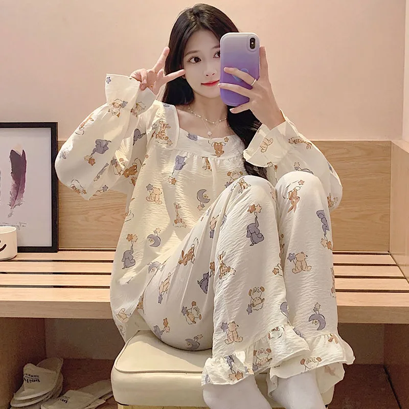 Women's Early Spring Pajamas Thin Long-Sleeved Trousers Cute Sweet Student sleepwear Set 2024 New Casual large Size Homewear