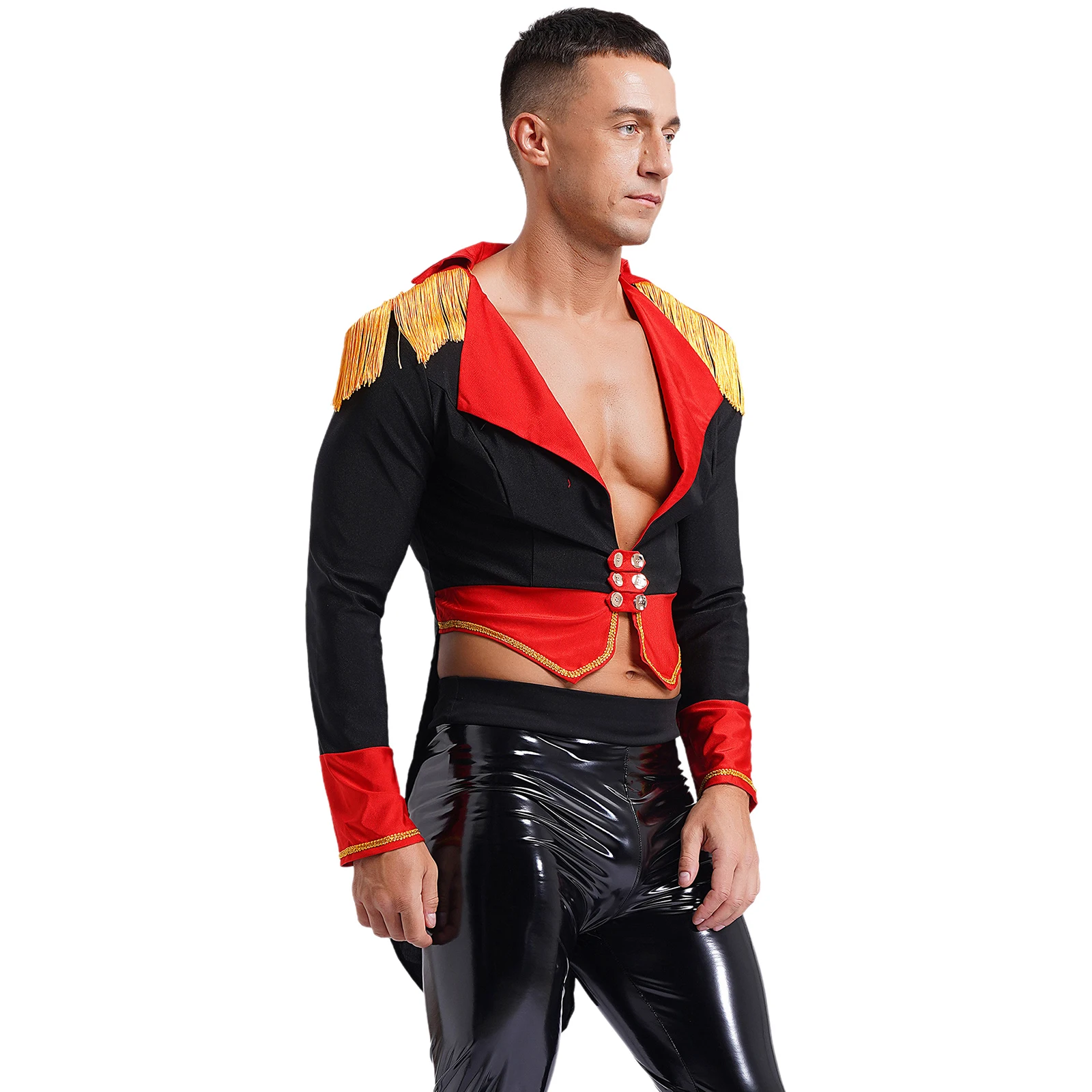 Mens Halloween Circus Magician Outerwear Circus Ringmaster Cosplay Costume Long Sleeve Deep V Neck Double-Breasted Tailcoat