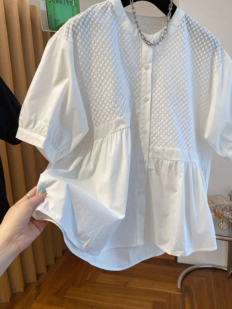 

Новая летняя белая блузка с круглым воротником нестандартной формы в стиле пэчворк, женская рубашка с короткими рукавами, топ