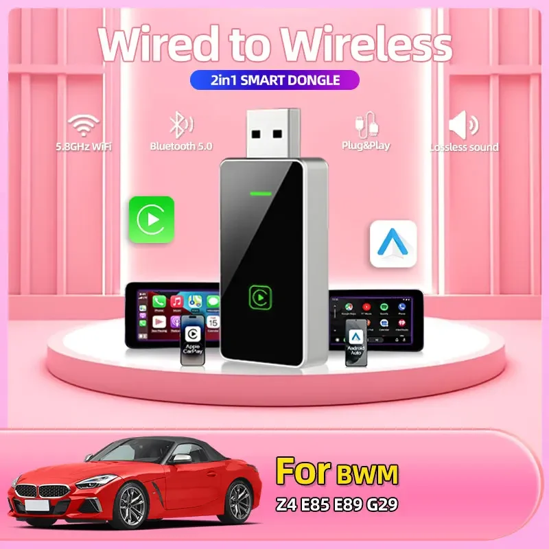 Беспроводной адаптер Carplay Android Auto 2in 1 Smart Dongle 2025 5G WIFI для iphone Android Телефон для BMW Z4 E85 E89 G29