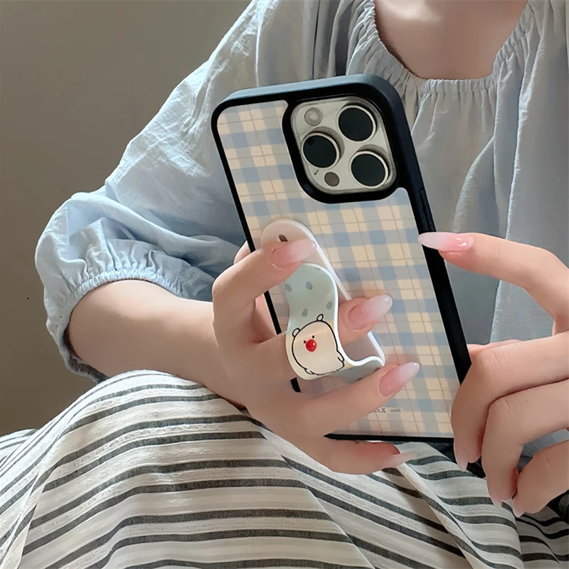 

Korean Blue Plaid Pattern Phone Case For iPhone 16 Pro 15 13 14 Pro Max Cover with Cute Bear Stand Holder Hard Cases Lovely Capa
