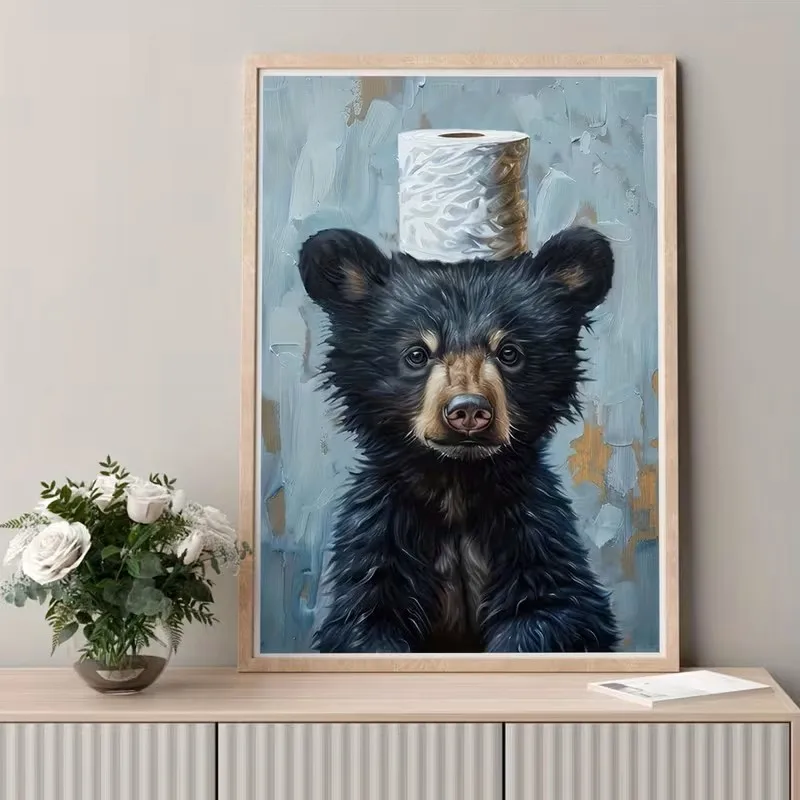 

Fun Bathroom Poster Cute Black Bear Wearing Toilet Paper Cap Cyan-gold Color Canvas Wall Art Print Living Room Office Decoration