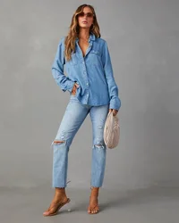 Women's Spring and Autumn New Denim Shirt, Casual Fashion Lapel Single-breasted Long-sleeved Shirt for Women with Pockets Y2k