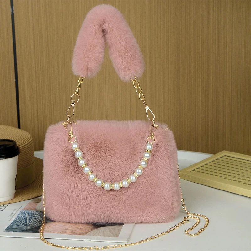Modische Perle Kaninchenfell Handtasche Damen Umhängetasche Kette Design Winter Kleine vielseitige Umhängetasche – Detail 19