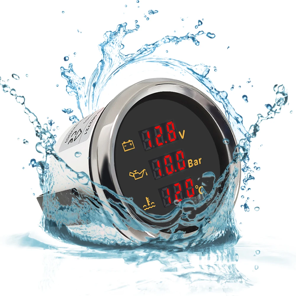 

ELING 52mm Waterproof Digital 3 in 1 Multi-Function Gauge with 8 Colors Backlight for Car Boat Yacht Universal 12V 24V