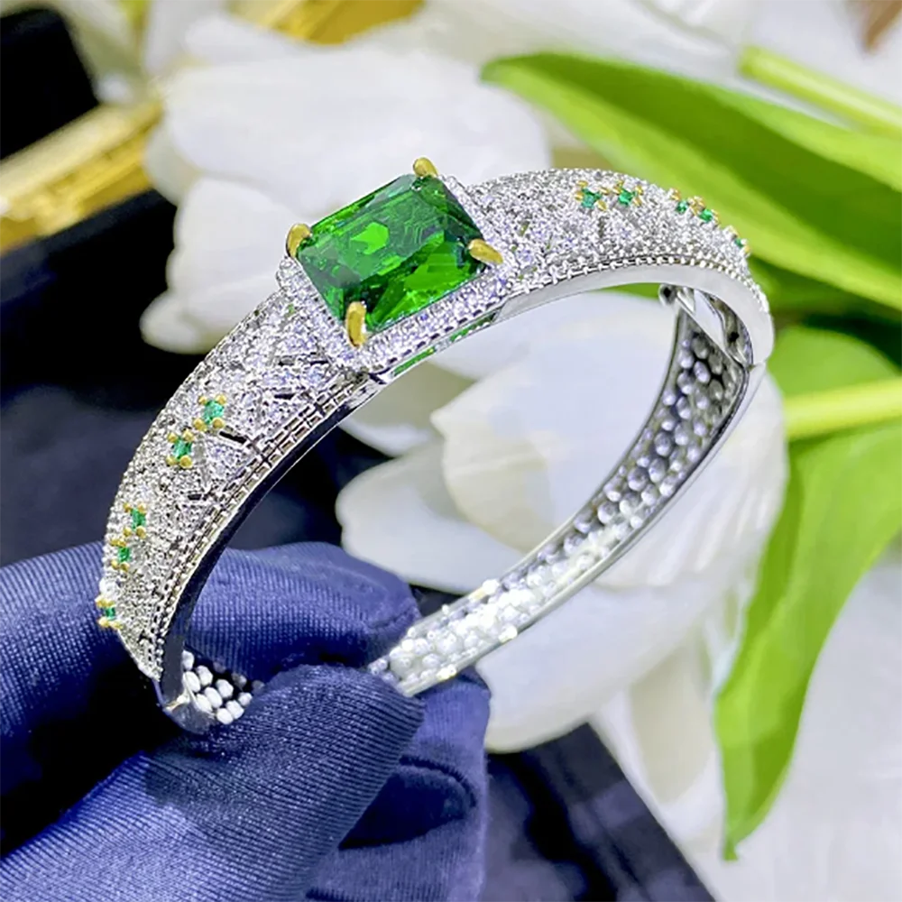 Silver Color Charm Emerald Bangle Bracelet Women Dazzling AAA Zircon Tennis Vintage Cuff