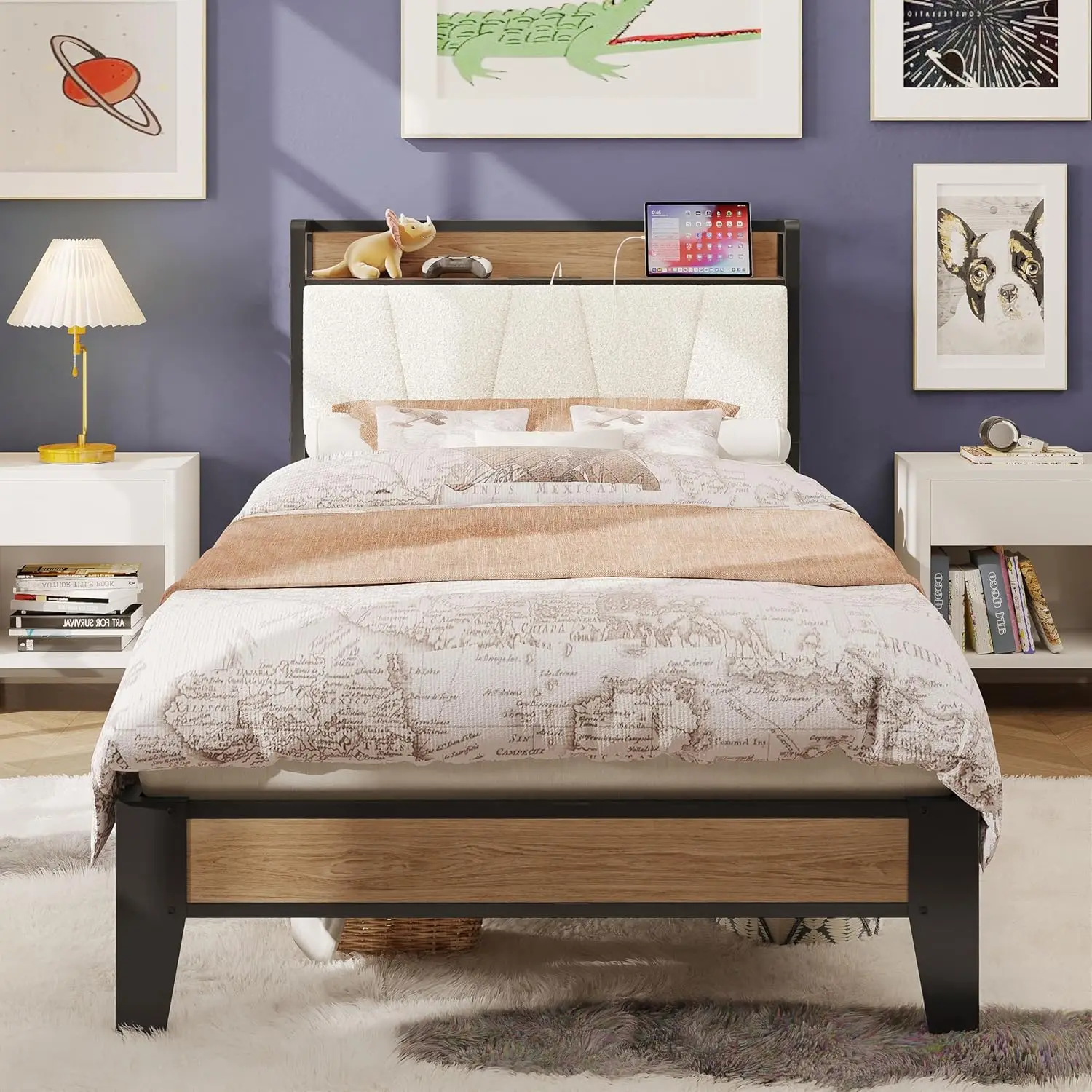 

Twin Bed Frames, Storage Headboard with Charging Station, Solid and Stable, Noise Free, No Box Spring Needed, Easy Assembly