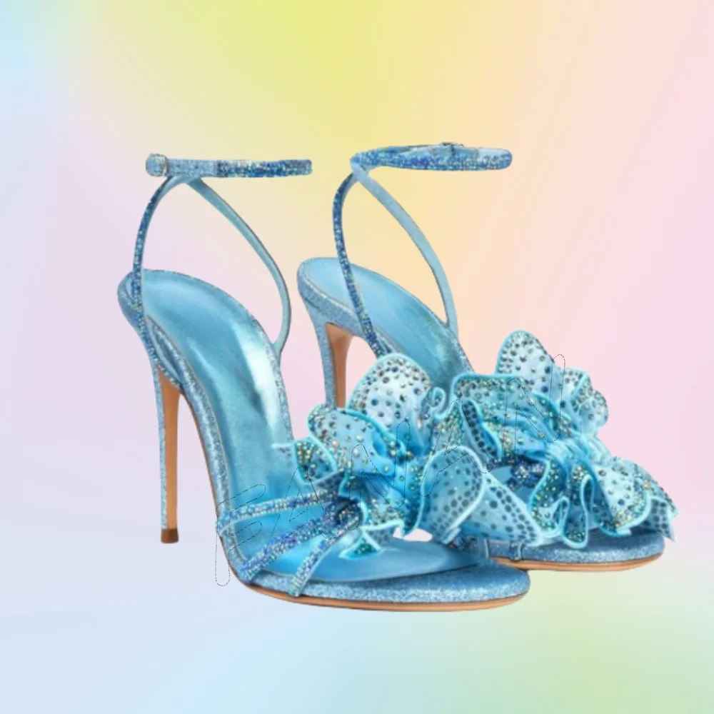 

Black Crystal Decor Sandals Flower Solid 12 cm Heels Shoes Ankle Buckle Thin High Heel Shoes for Women 2025 Zapatos Para Mujere