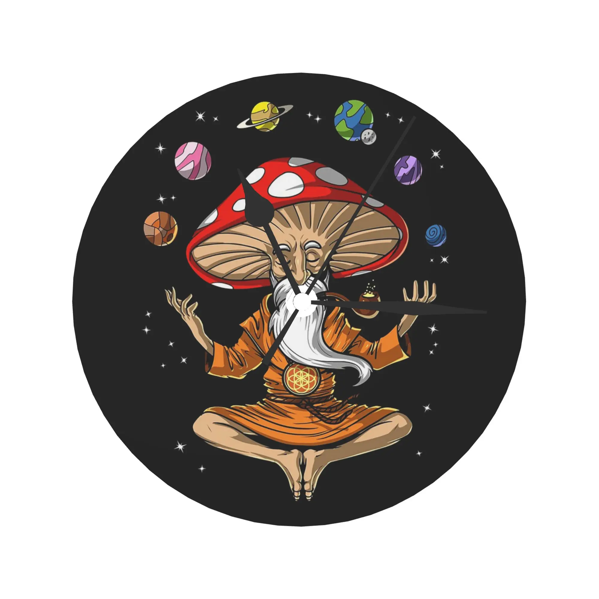 Magic Mushroom Buddha Wall Clock Room Decoration Silent Round Clock for Bedroom Living Kitchen Home
