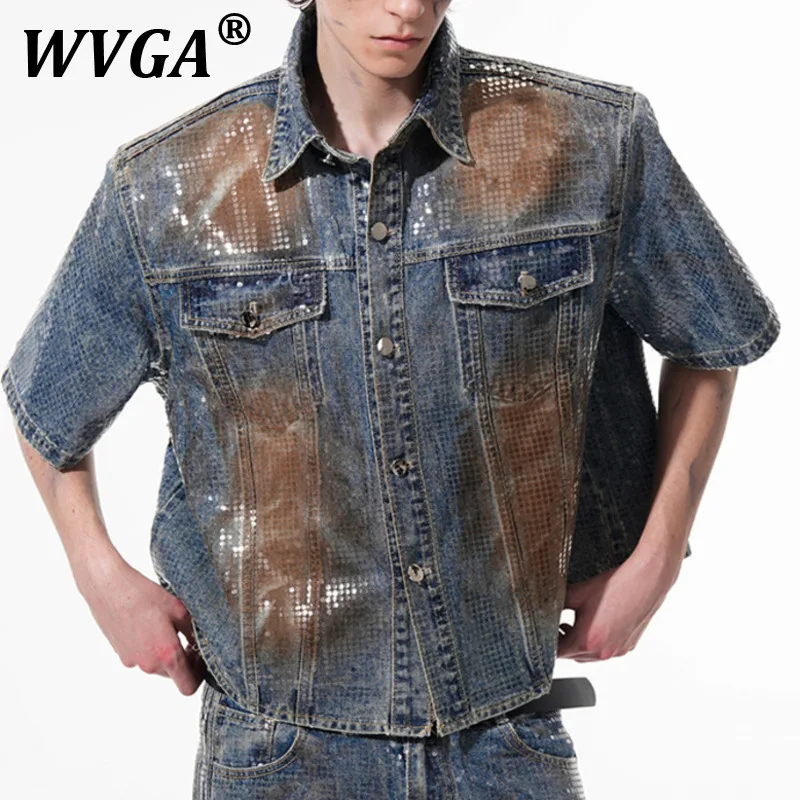 

WVGA Spring Autumn New Man High Street Hot Glue Bead Shoulder Padder Short Sleeve Denim Jacket Niche Chic Casual Pants Ins W9763