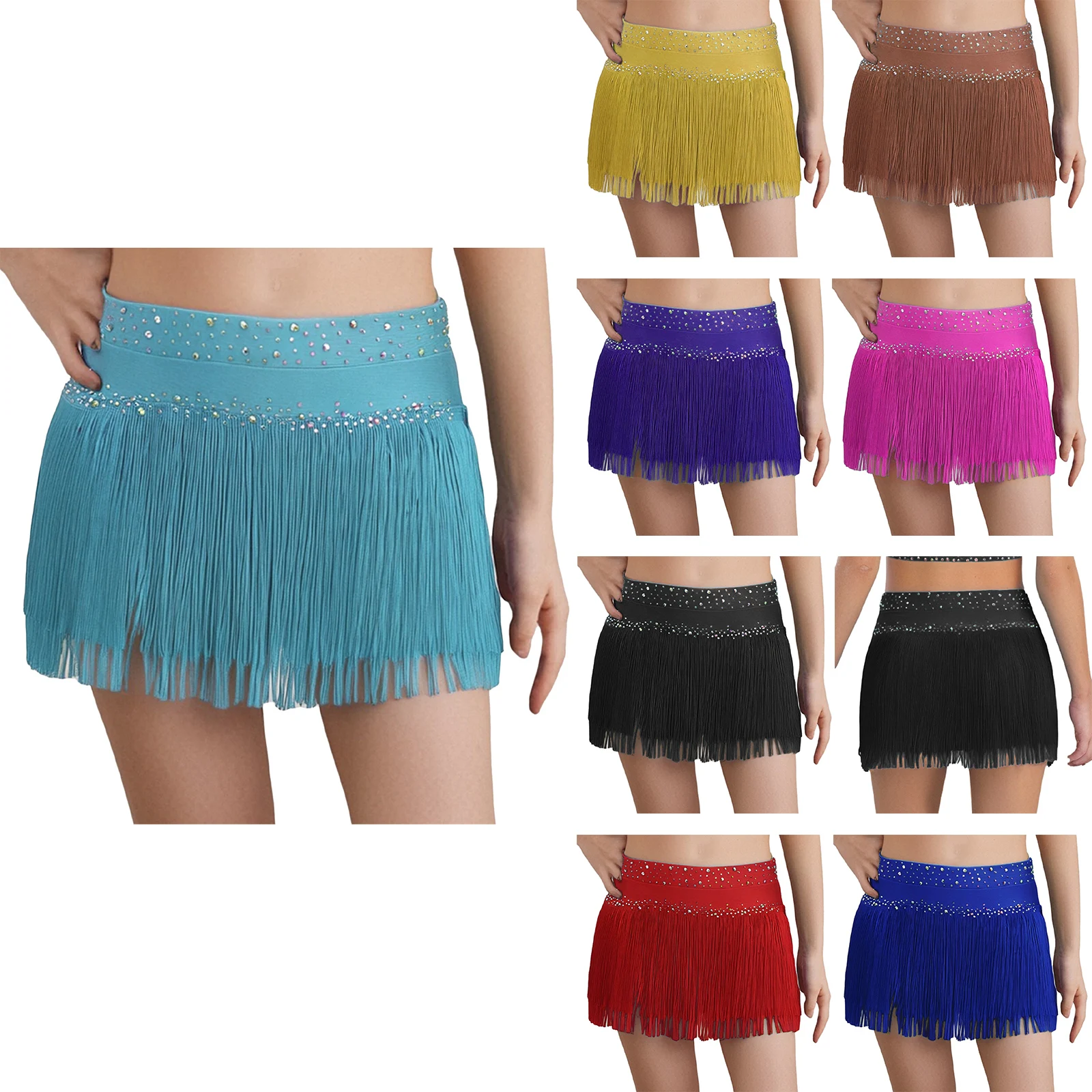 

Kids Girls Latin Jazz Dance Disco Costume Sparkling Rhinestones Tassel Briefs Skirt Solid Color Stage Performance Dancewear