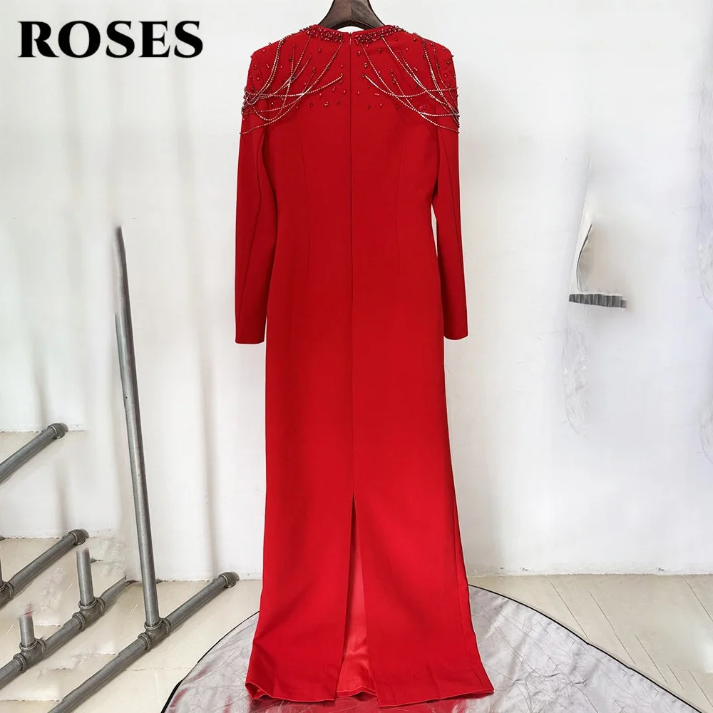 ROSES Red Prom Dresses Off the Shoulder Long Sleeve Evening Dresses with Crystal Straight Party Dress Robe De Soirée Customized