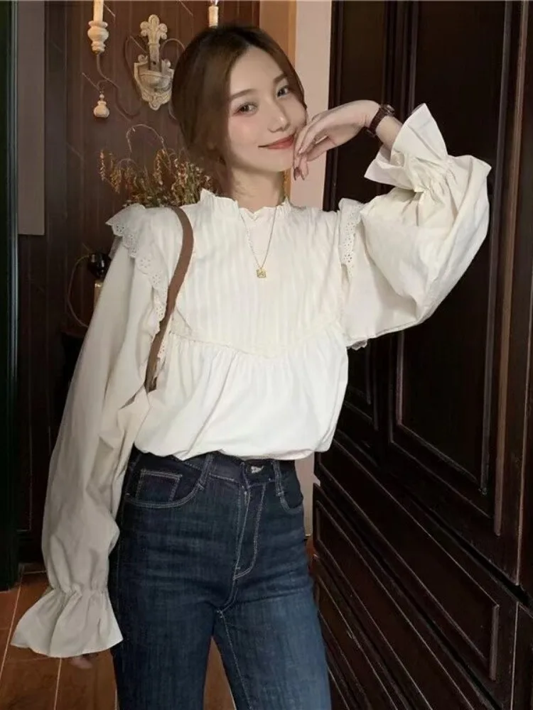 Y2k Korean Blouse for Women Fashion Autumn Solid Pleated Shirts 2024 Blusas Mujer De Moda Lace Ruffles Temperament Loose Tops