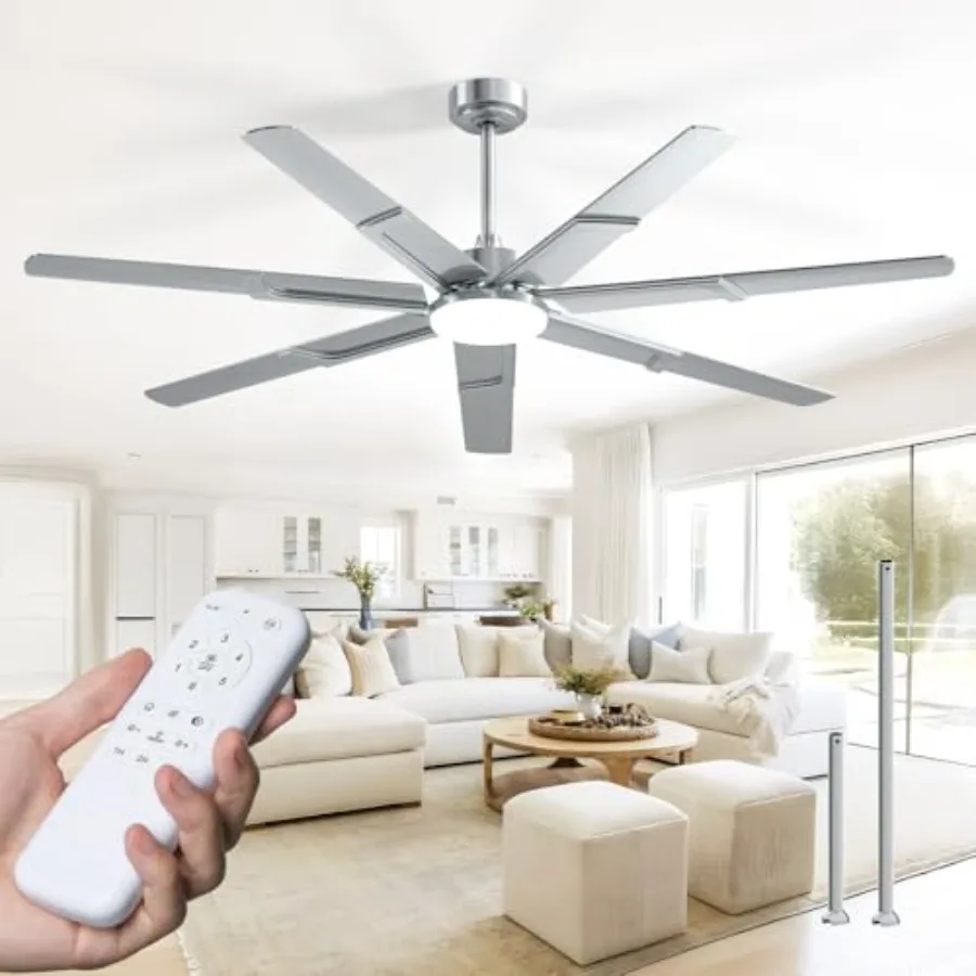 Outdoor/Indoor ceiling fan with light: 66-inch nickel finish, DC motor, 6-speed reversible, 3CCT dimmable lighting, quiet opera