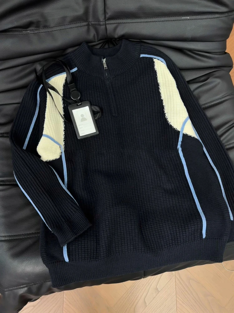 

American Sle Color Blo f Zip Knitted Sweater Men's Autumn Retro Patchwork Cool Knitted irt Versatile Casual Top