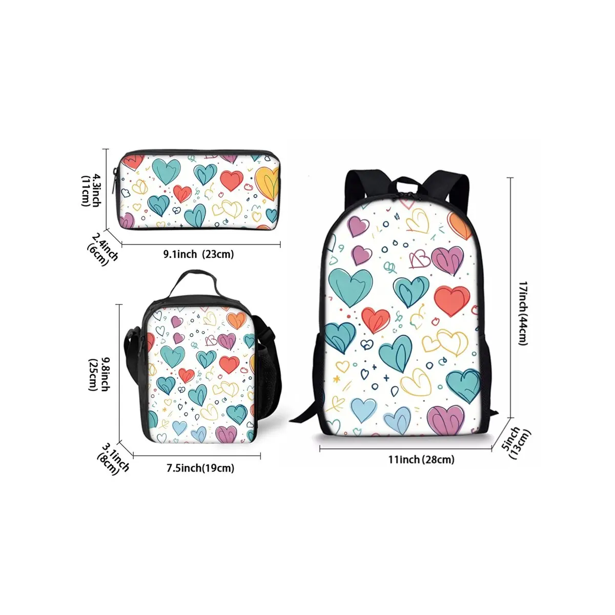 Doodle Heart Love Print Three Piece Backpacks Set for Boy and Girls Best Gifts 2D Flat Cartoon School Bag for Children