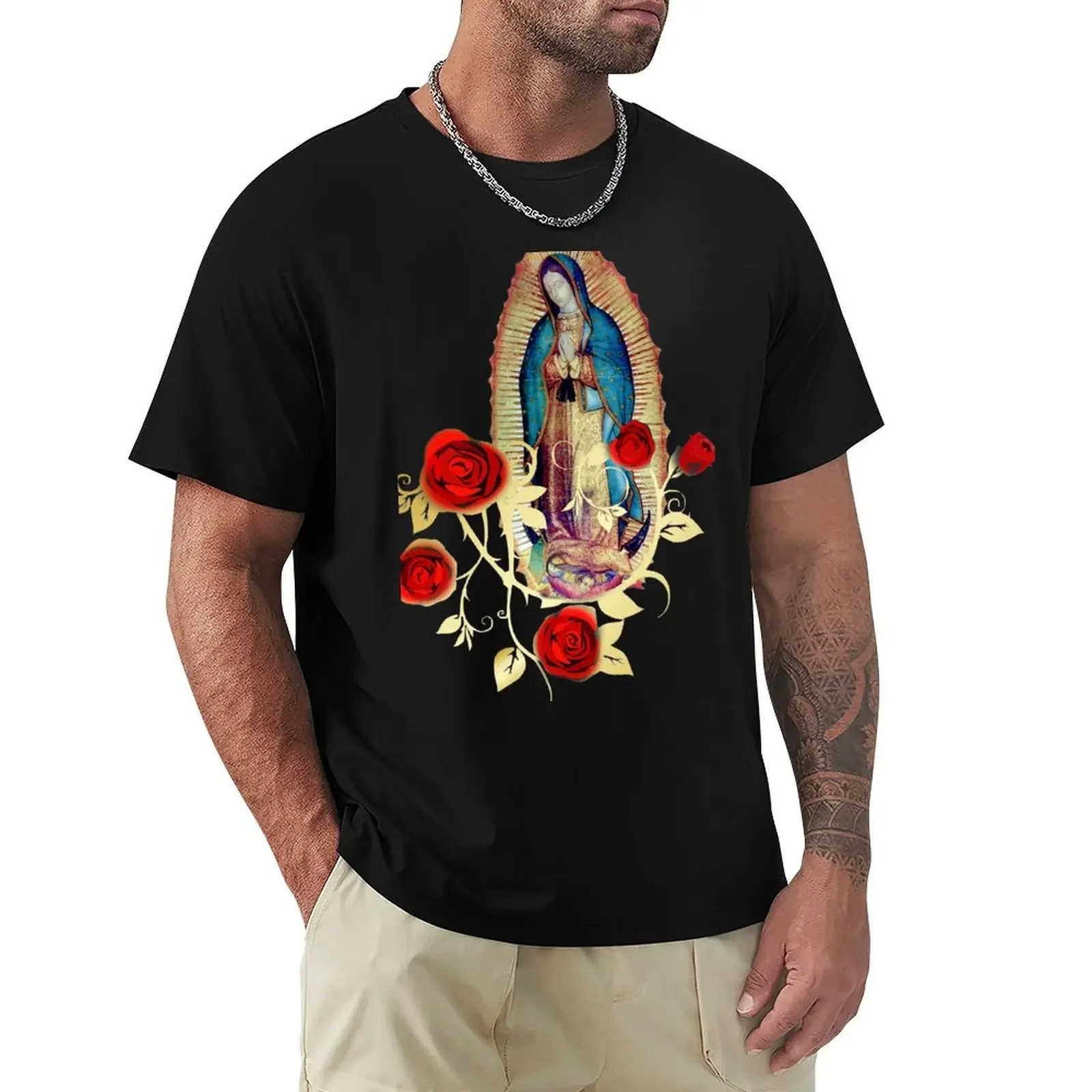 Our Lady of Guadalupe Virgen Maria Tilma Red Roses 120 T-Shirt blacks customizeds Men's cotton t-shirt