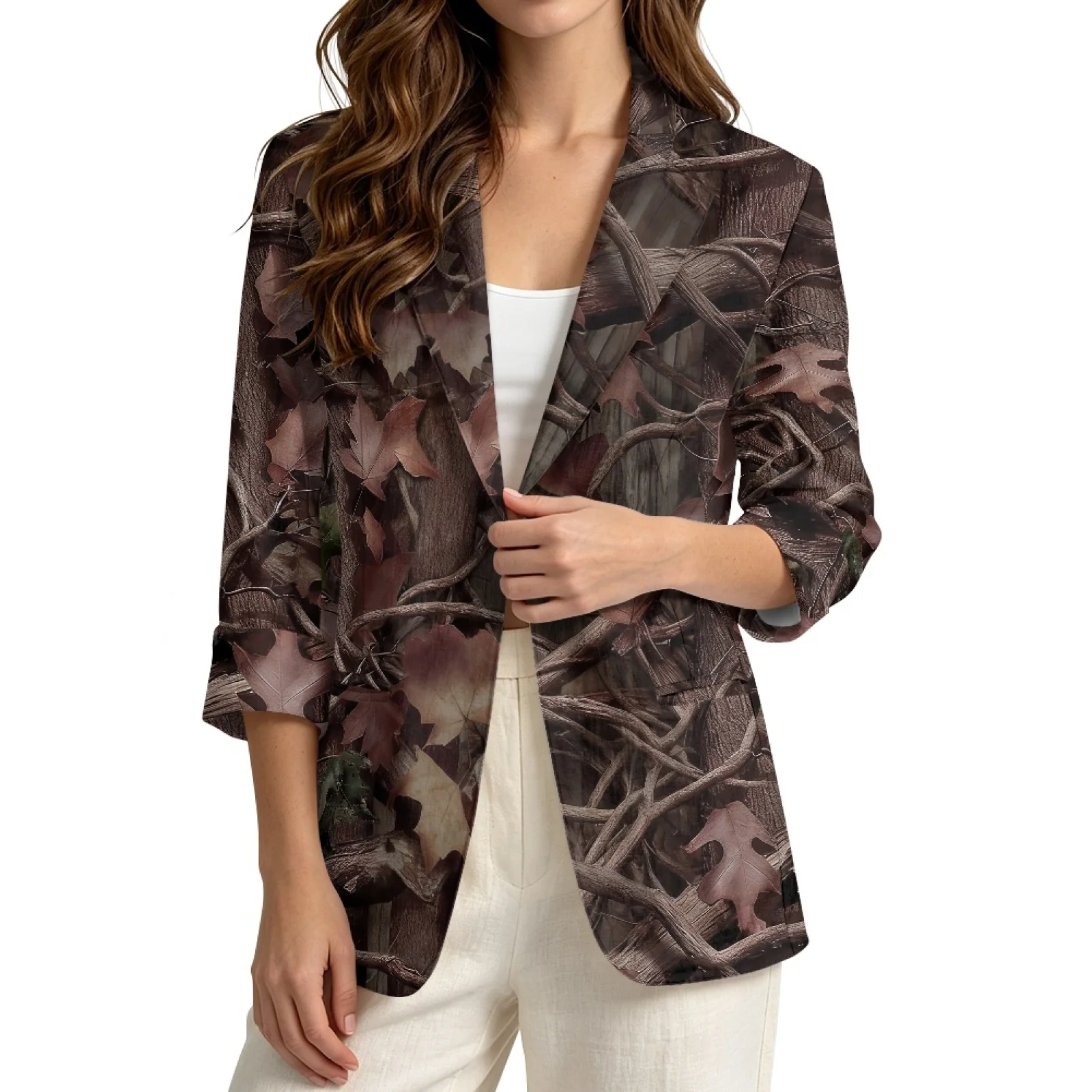 PENSTROLL Dead Leaf Design Linen Like Beach Cardigan 3/4 Sleeve Outerwear Cover Up for Women Sizes S-3XL