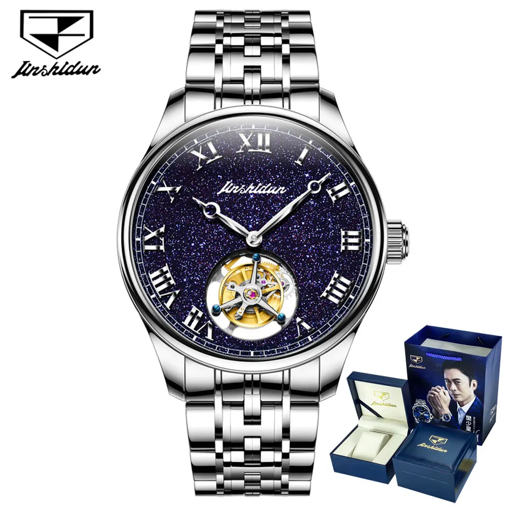 

JSDUN Tourbillon Mechanical Movement Men's Watch Sapphire Starry Sky Skeleton Sapphire High-End Dress Business Men's Wristwatch