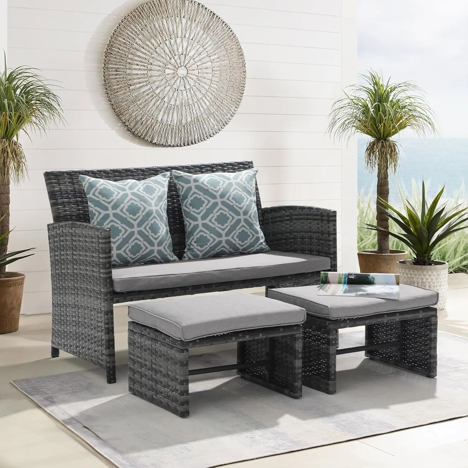 Outdoor Loveseat Patio Furniture Rattan Conversation Set with Ottoman, Cushions, Grey Wicker, Pillows Included