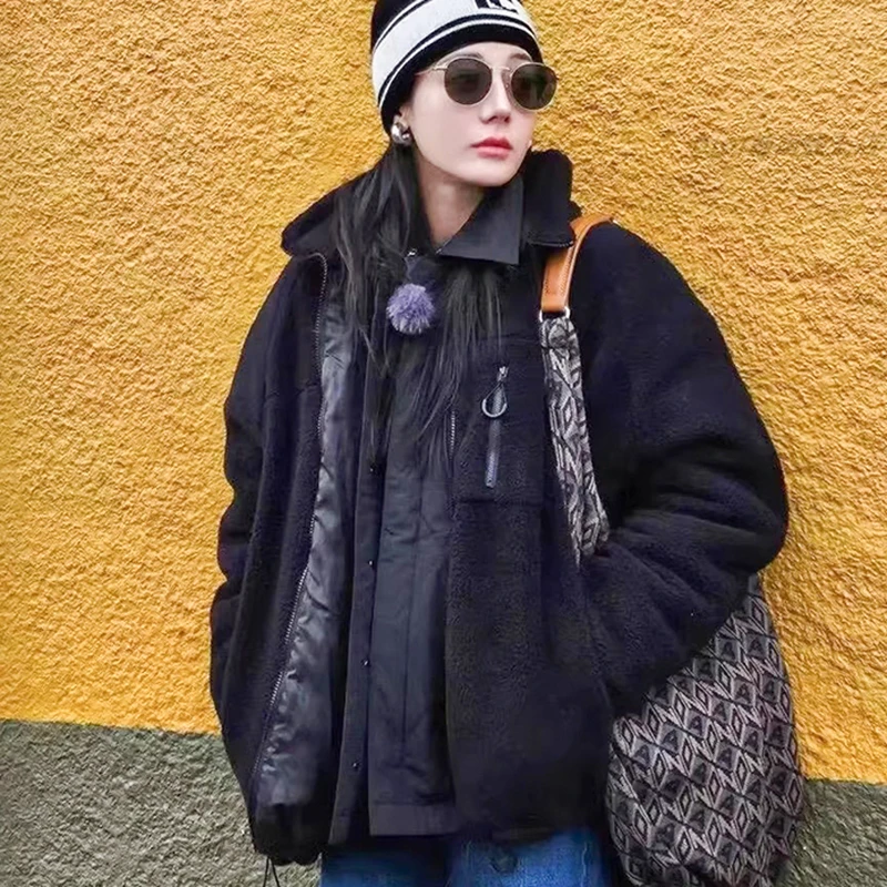 Lamb Fur Embroidered Letter Jaet Dili Reba Commute Sle Loose Fit Zipper ket Long Sve Stand Collar Thiened Women's...