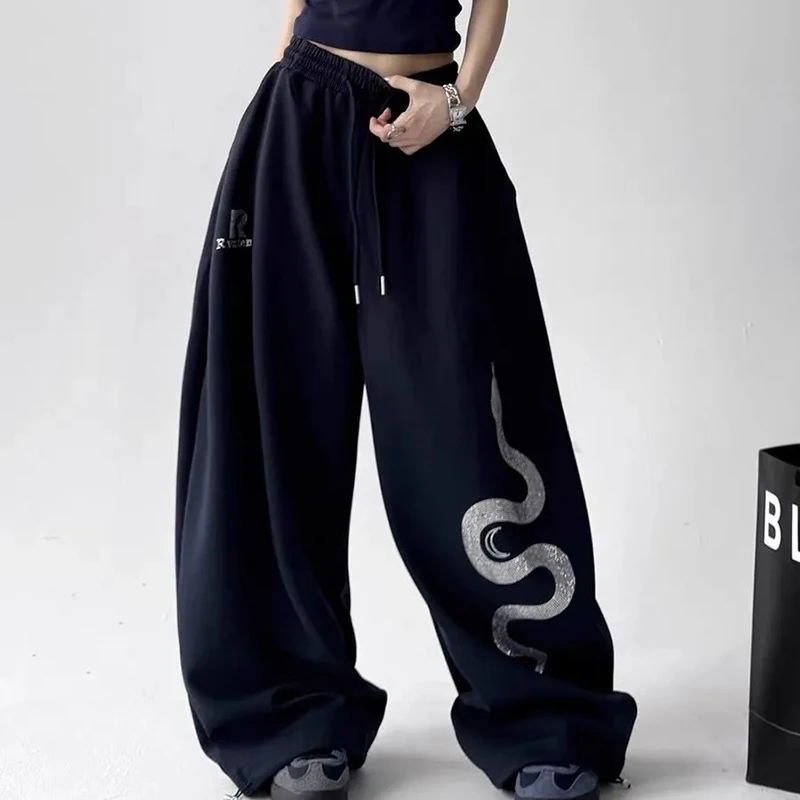 Calça de moletom feminina vintage americana, calça de perna larga com estampa de cobra, solta, casual, preguiçosa, jazz, hiphop, dança, harajuku y2k