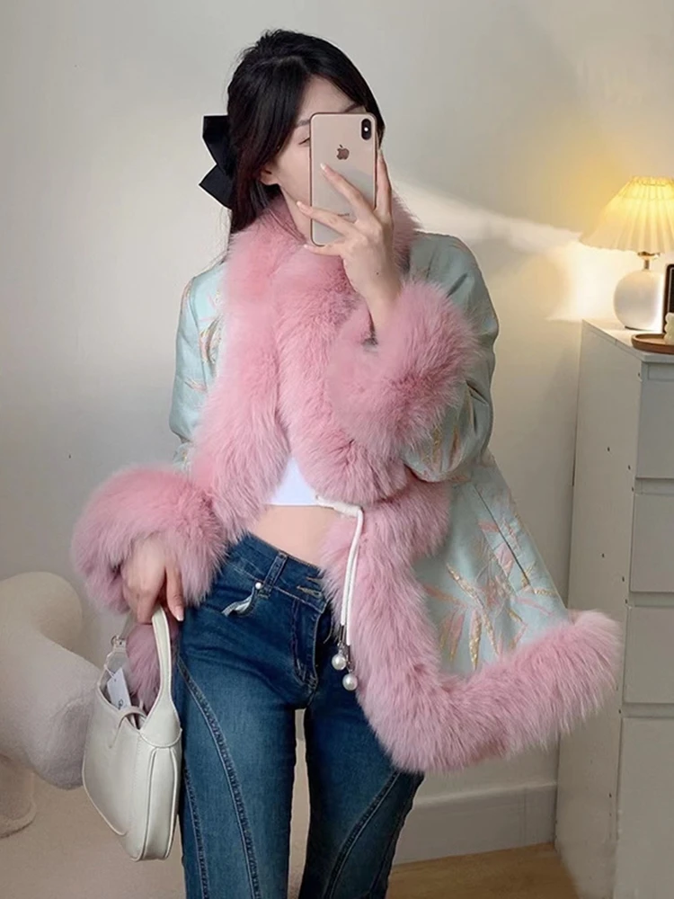 

Ele Vintage Fur Collar down Jaet Eco-friendly Lady's Traditional Tang Costume Top Long Sve Thiened Winter Coat