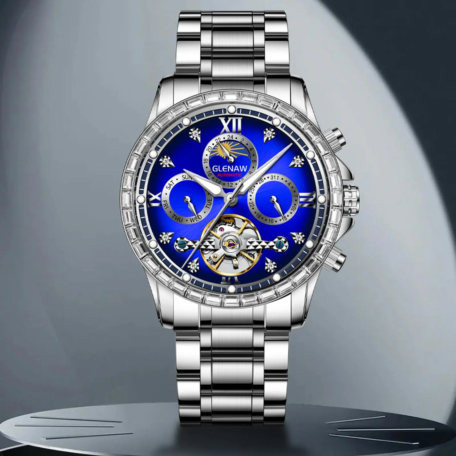 ساعة Glenaw من أفضل العلامات التجارية الأوتوماتيكية بالكامل متعددة الوظائف ميكانيكية للرجال، ساعة مقاومة للماء