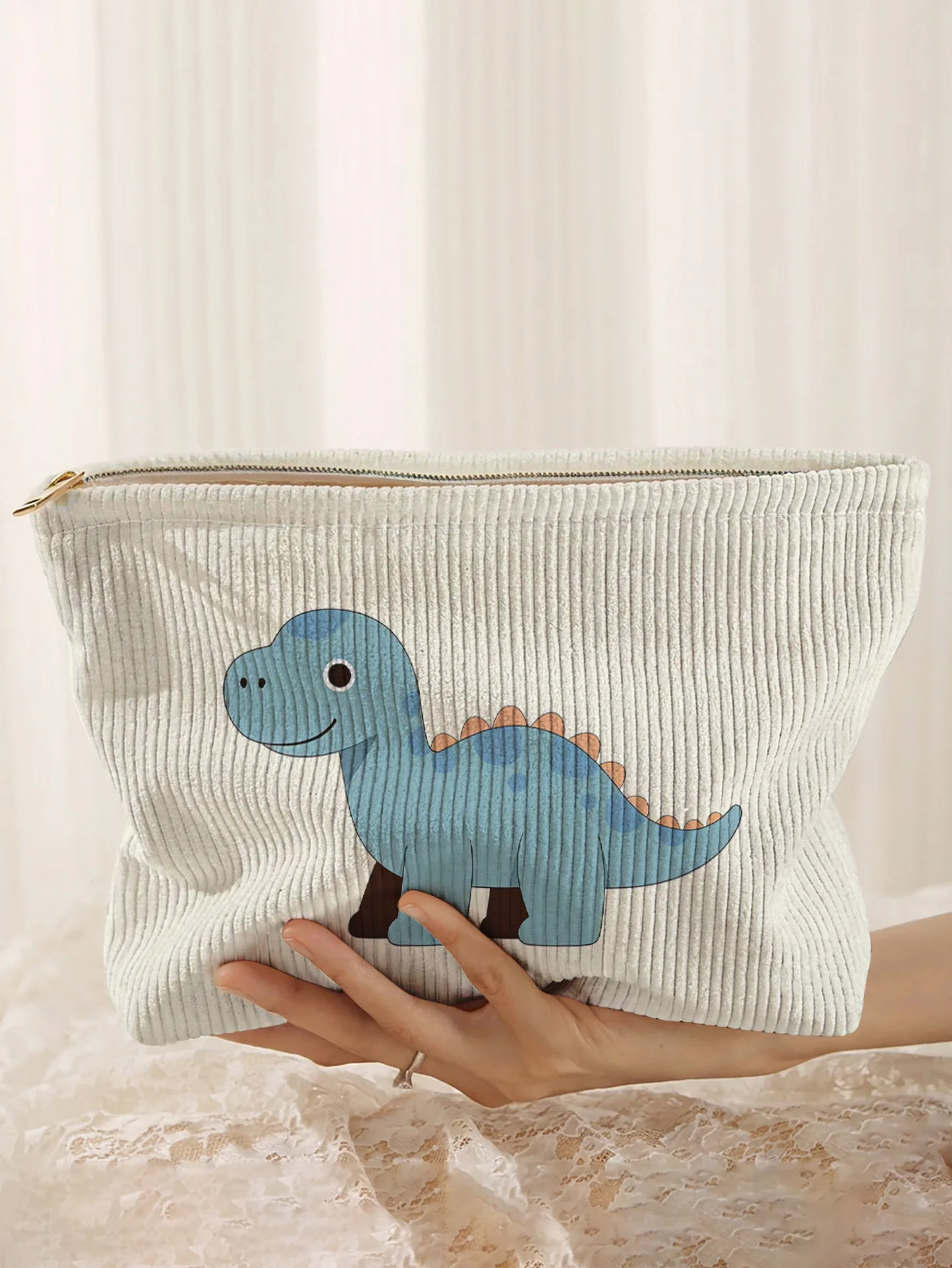 Cute light blue brachiosaurus dinosaur printed corduroy makeup bag, lightweight zipper pouch, multifunctional lined cosmetic bag