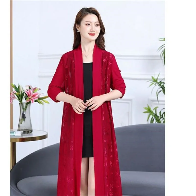 Women Lace Hollow Shawl Coat Mid-length Women Summer Long-Sleeved Cloak Coat Female Thin Air-Conditioning Shirt Sunscreen Clothe