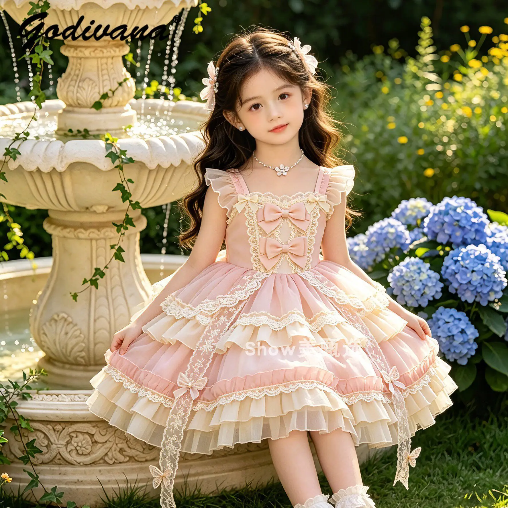 2026 New Summer Baby Girls Princess Lolita Dress Kids Sweet Pink Lace Bow Sleeveless Flower Girl Cake Dress Birthday Party Gown