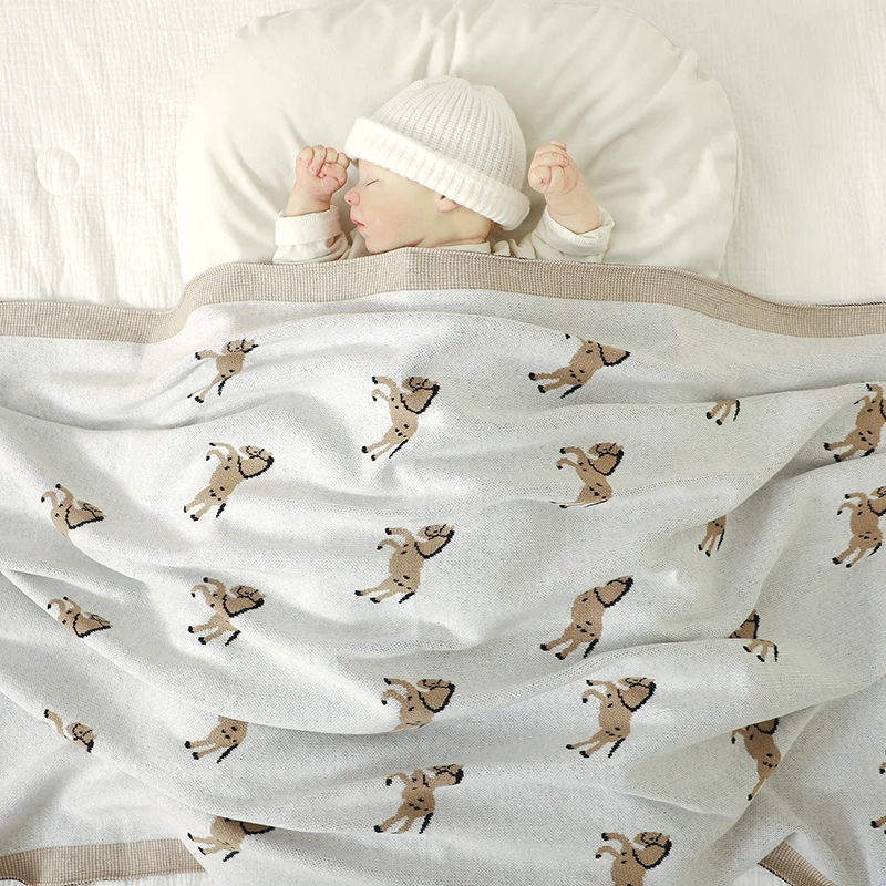 Cotton Baby Blanket Knit Infant Girl Boy Bedding Quilt 100*80CM Stroller Swaddling Super Soft Plaid Cute Cartoon Horse Sleepsack