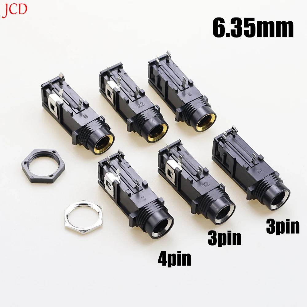 DIY 6.35mm 6.5mm Jack Gold Plated 3/4Pin Stereo Dual Channel Microphone Socket Nut 6.35 Audio Straight Jack Connector