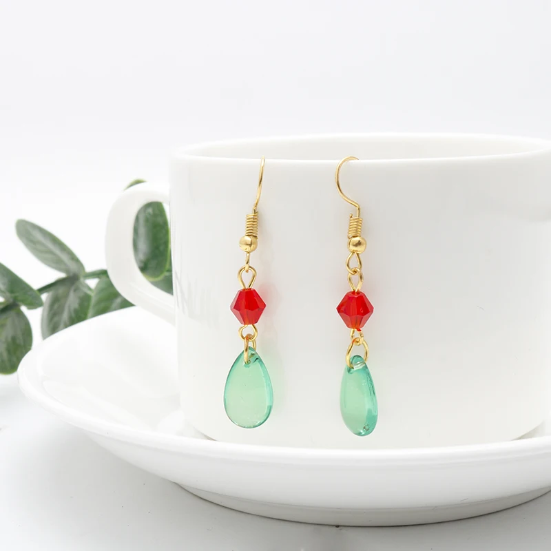 Cartoon Earrings Cute Green Waterdrop Shape Beads Charms Howls Movin Castle Cosplay Earring For Women Props Gift Accessories
