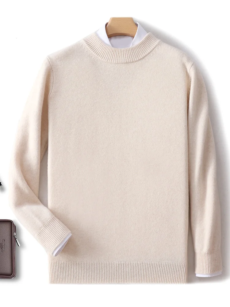 100% Merino Wool Men's Semi High Neck Thickened Autumn Winter Base Sweater Casual Knit Sweater