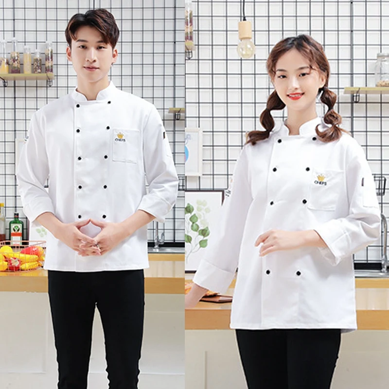 Uniforme de cozinha para homens e mulheres, mangas compridas, jaqueta Chef, roupas de trabalho, cantina, bolo, camisa do café, traje de cozinha