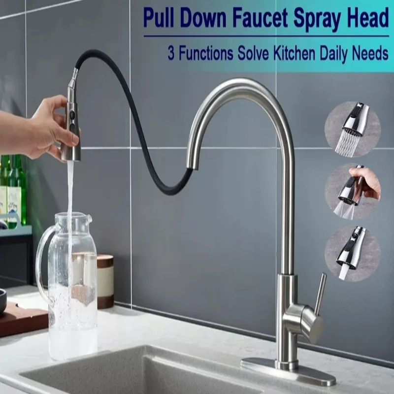 Kitchen Sink Pull Down Faucet Spray Head 3 Function Pull Out Spray Nozzle Replacement Part 360° Rotatable Sprayer Head Tap Spout