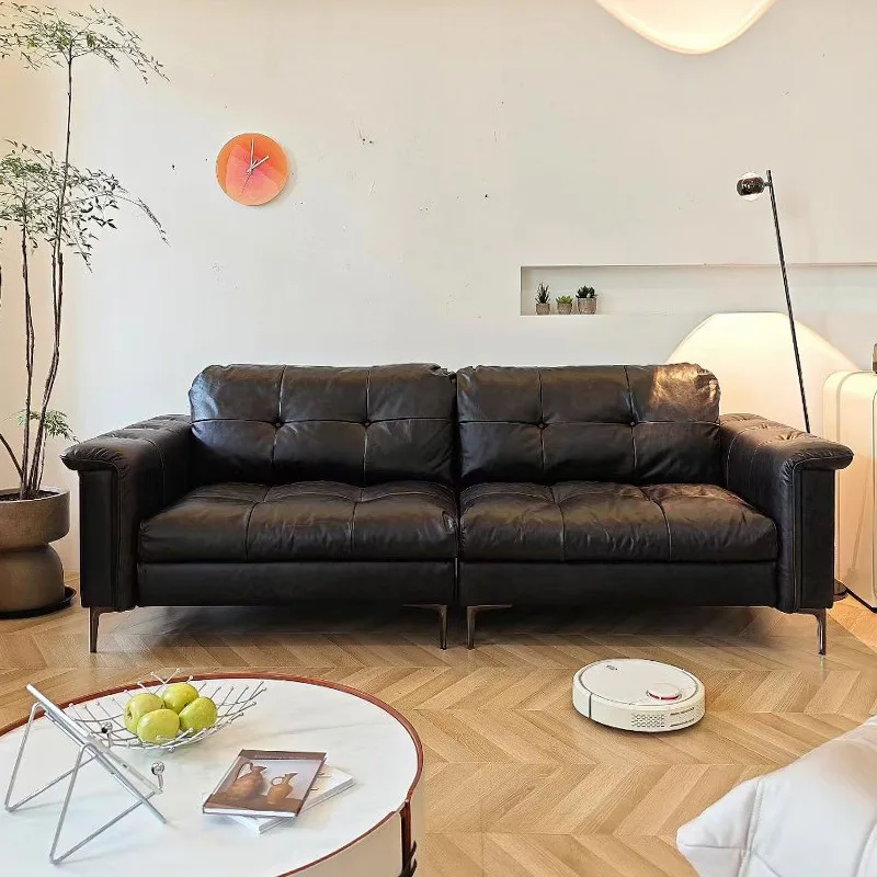 

Medieval leather sofa small apartment living room Italian straight row retro oil wax cowhide down