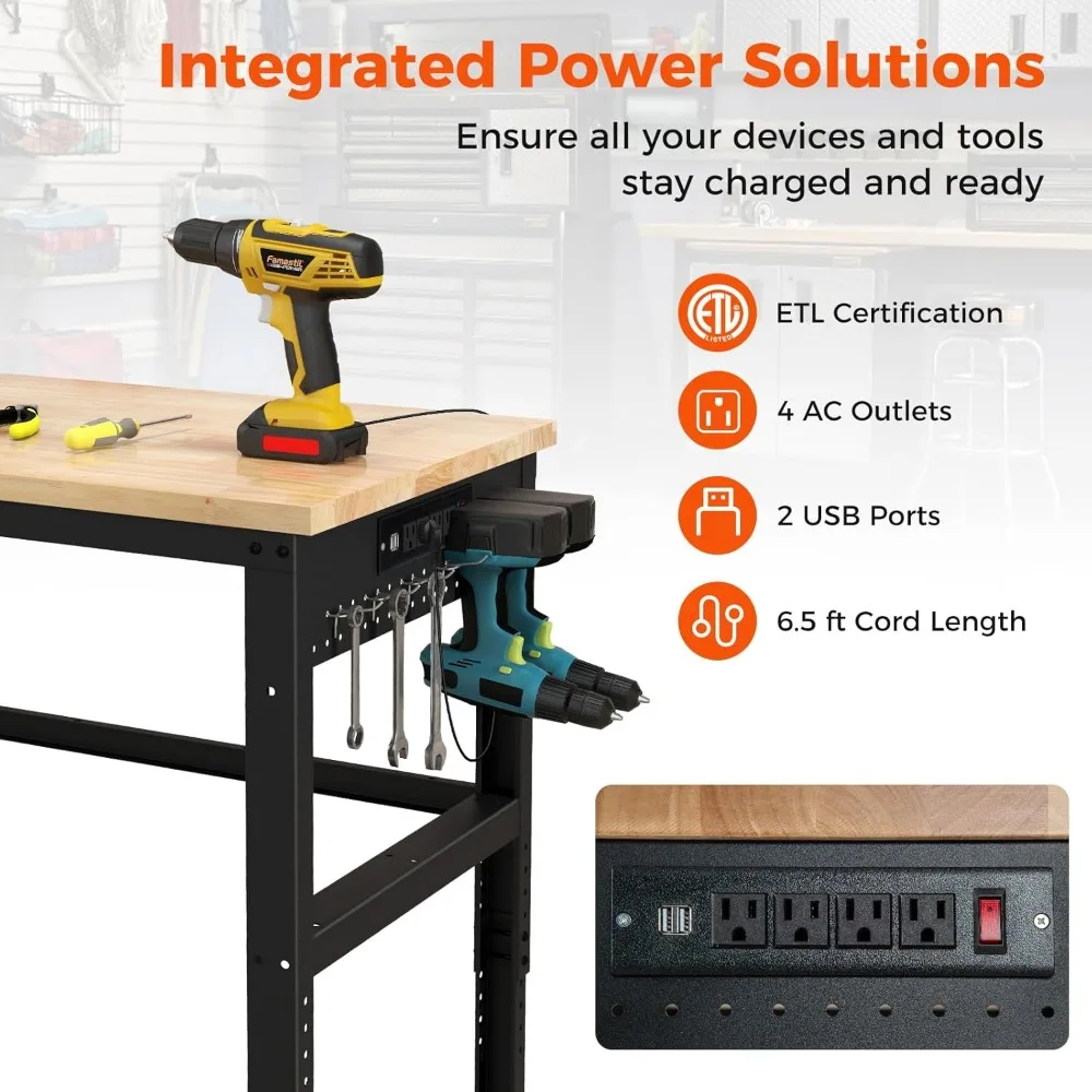 Adjustable 48 Oak Wood Workbench with Power Outlet, Universal Lockable Wheels, and Non-Slipping Footpads