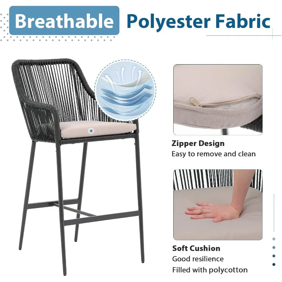 Barhocker aus Korbgeflecht, 2er-Set, Terrasse, Outdoor, Rattan-Seil, Barhöhenstühle mit Kissen, Armlehne und Fußstütze für Innengarten, Poo