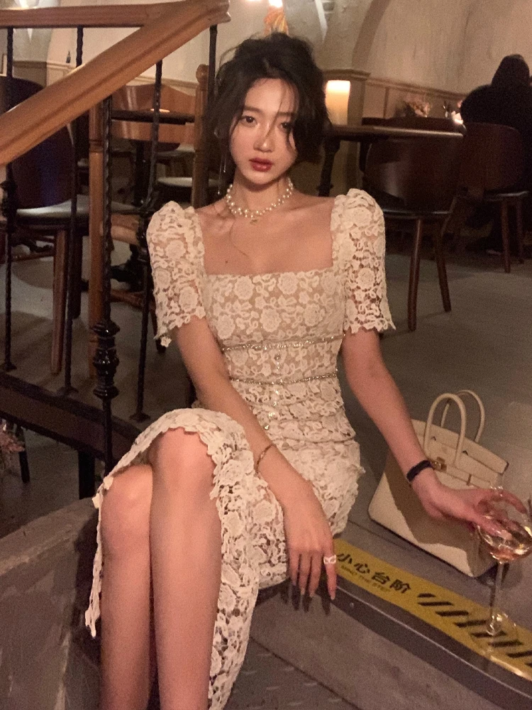 Sexy Lace Long Fairycore Dress Women Korean Elegant Vintage Bodycon Dress Casual Evening Party Dress Female 2023 Summer Fashion