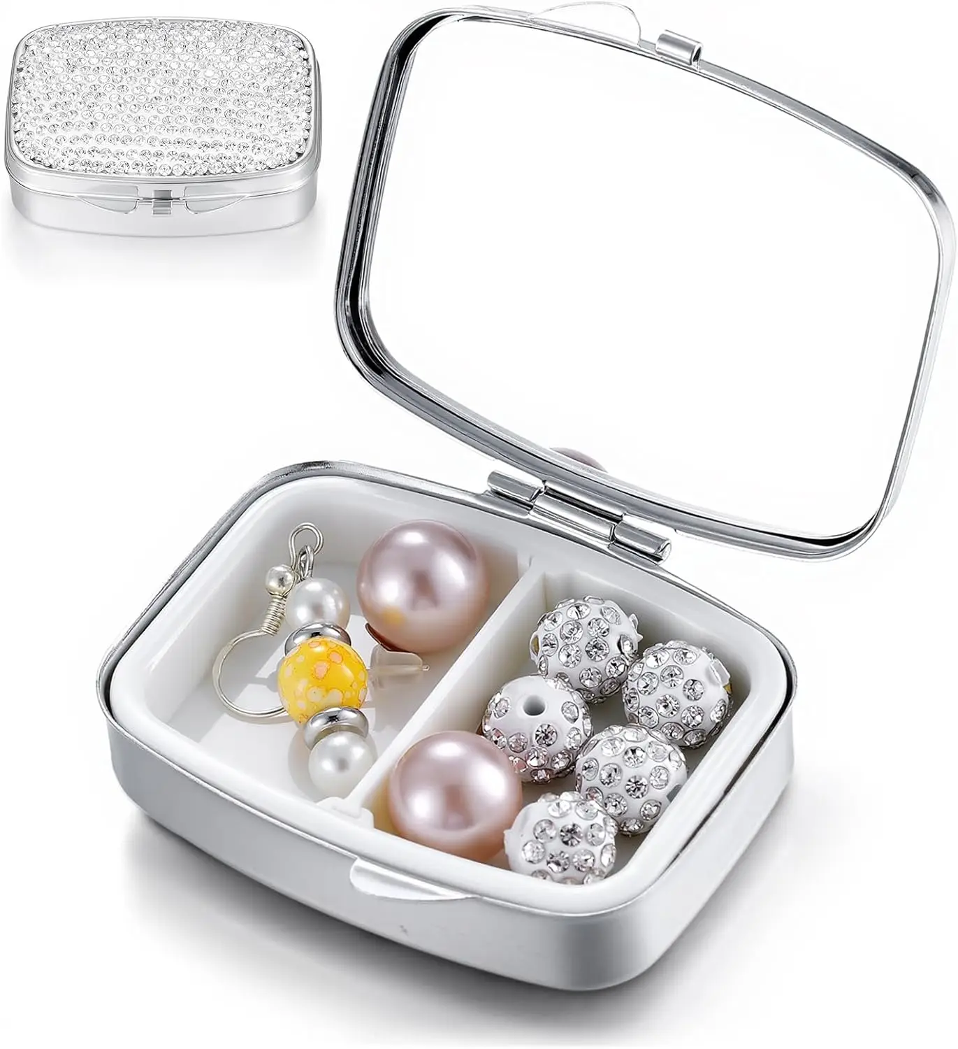Bling 2 Compartment Pill Case Crystal Diamond Pill Container Small Cute Pill Case Vitamins Organizer Portable Travel for Pocket
