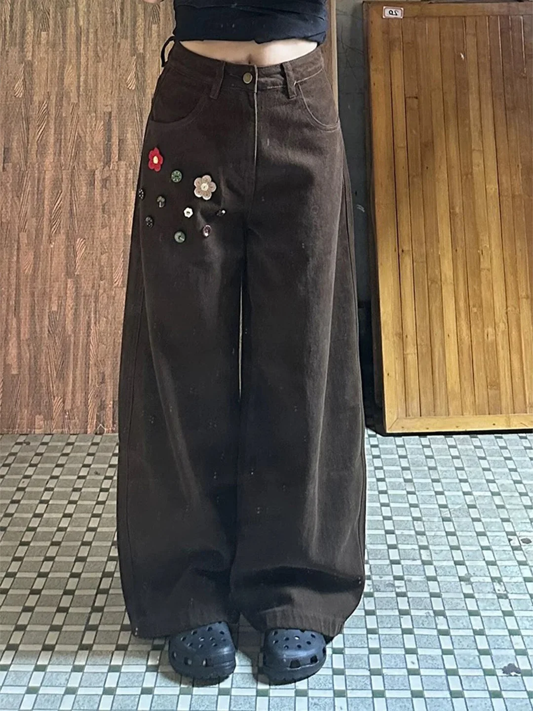 Retro Coffee Floral Button Wide Leg Denim Jeans Women's Autumn Winter High Waist Loose Slimming Poplar Straight Tube Pants