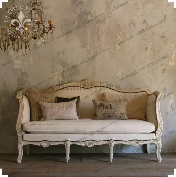 

LJYFrench white retro solid wood carving flower single person three person linen cloth sofa small apartment custom antique